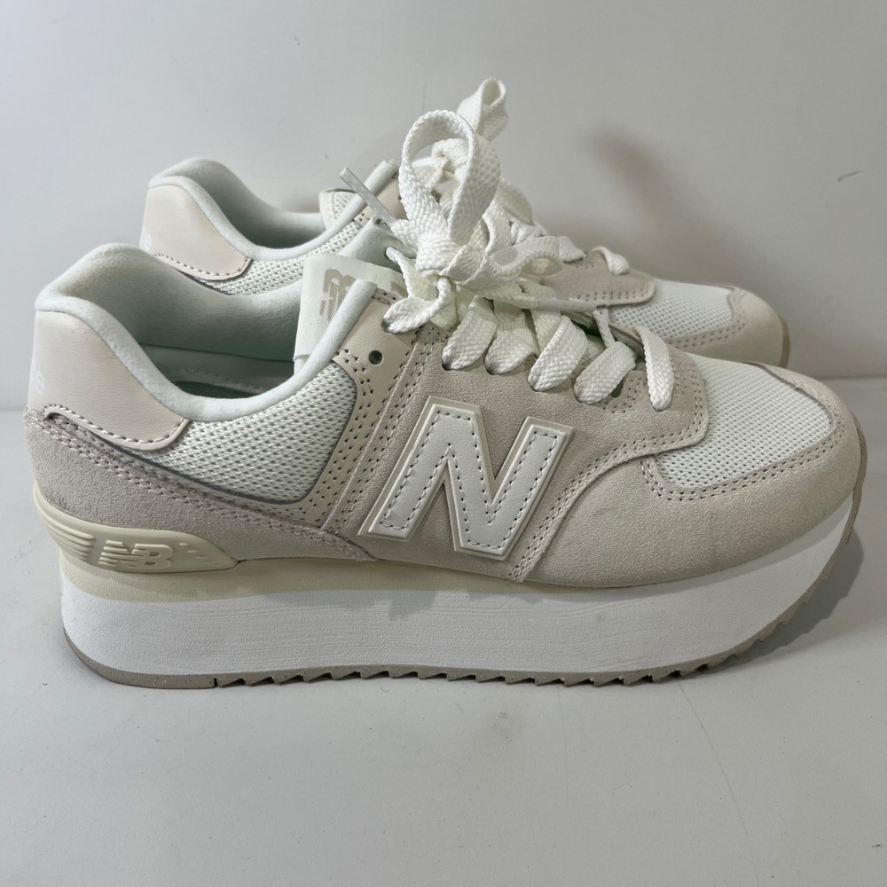 New Balance 574+ Platform Sneakers Women Size 8 WL574ZSO Cream Suede Mesh Chunky - Picture 3 of 7